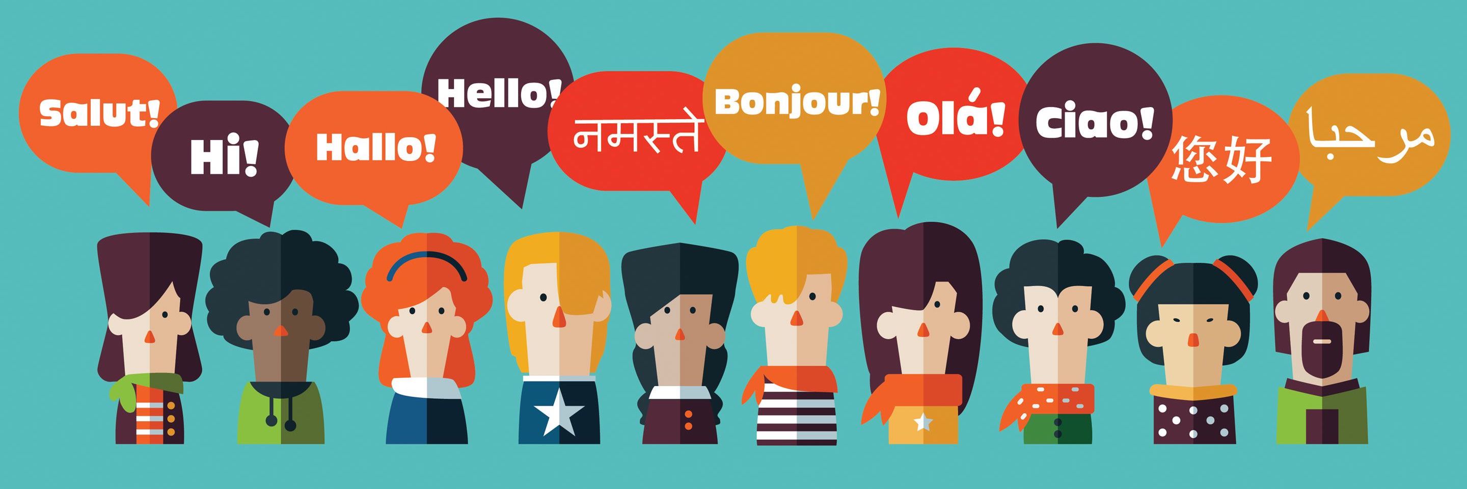 People with dialogue bubbles greeting in different languages.